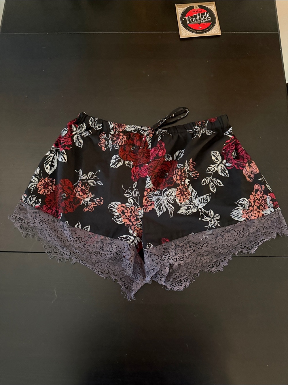 Vintage Black Floral Lace-Trim Sleep Shorts in Burgundy and Pink